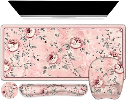 4 in 1 Large Mouse Pad, Keyboard Wrist Rest Set, Ergonomic Mouse Pad with Wrist Support, Desk Mat with Stitched Edges Extended Desk Pad Waterproof Desk Mat for Home Office Game I Pink Rose Flowers