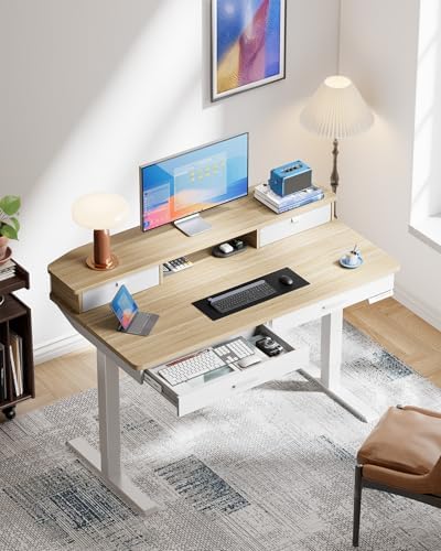 HUANUO 48 x 30 inch Electric Standing Desk with 2 Wood Drawers, Adjustable Height Sit Stand Desk for Home Office, Ergonomic Stand up Desk with 4 Memory Presets, 176 lbs Capacity, Natural Top