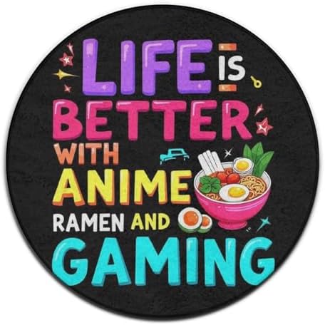 Women's Large Home Decor Mat, Soft Round Yoga Carpet, Non Slip Machine Washable Home Office Circle Rug Life is Better with Anime Ramen Gaming