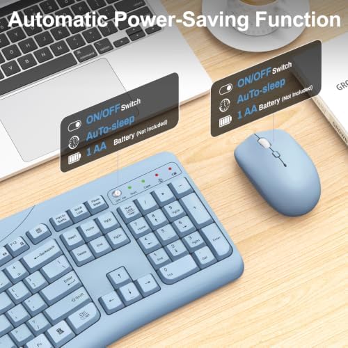 Wireless Keyboard and Mouse Combo, 2.4G Quiet Ergonomic Curved Keys(Blue)