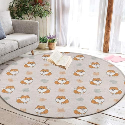 Room Sofa Yoga Soft Round Carpet, Home Decor Non Slip Kitchen Office Circle Rug, Machine Washable Modern Round Area Rug Cute Pomeranian Dog