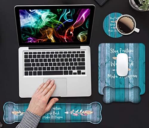 Keyboard Wrist Rest and Mouse Pad Wrist Support Set, Inspirational Quote Stay Positive Work Hard and Make It Happen Non-Slip Rubber PU Base for Home Office Working Studying Easy Typing & Pain Relief