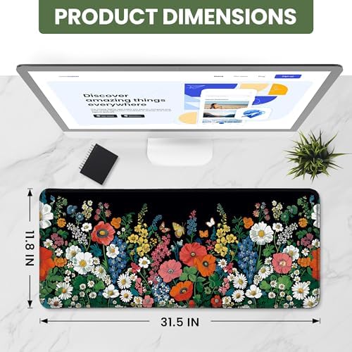 Aesthetic Desk Mat, Cute Botanical Floral Desk Pad Protector for Work & Decor, 31.5" x 11.8", Pretty Non-Slip Extended Mouse Pad for Office or Home