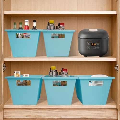 KOOMADE 4PC Plastic Stackable Storage Basket - Large Basket Organizer with Handle for Kitchen ,Offices ,Shelving, Pantry,Cabinet and Bathrooms Open Storage Bin for Space Optimization Portability-Blue