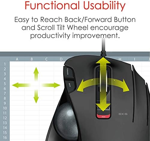 ELECOM EX-G Wired Trackball Mouse, Ergonomic, Thumb Control, Smooth Tracking Roller Ball, 6 Programmable Buttons, Tilt Scroll Computer Mice for PC Mac