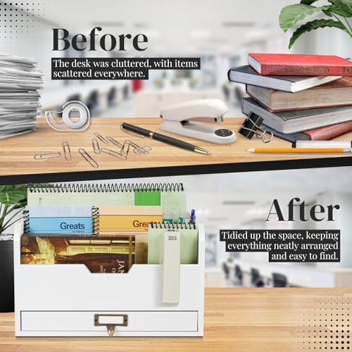 Flexzion Wood Desk Organizer, 3-Tier Mail Organizer with Drawer, Beige Wood