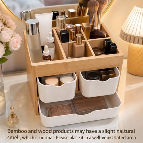 Bamboo 3-Drawer Makeup Organizer, Mortise & Tenon Vanity Box Desk Organizer