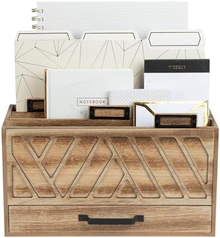 BLU MONACO | Natural Wood Desktop Mail Organizer with Drawer | Three-Tier Mail Sorter with Black Label Holders | Countertop Mail Holder & Document Storage for Home or Office