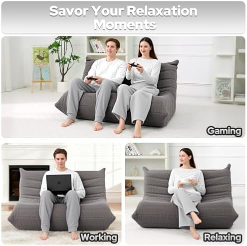 HABUTWAY Bean Bag Chairs Fireside Lazy Floor Sofa,2 Seater,Grey