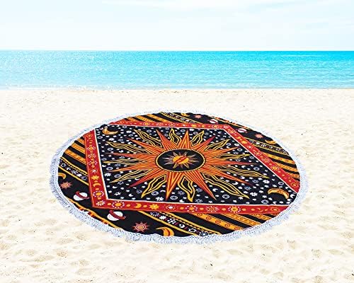 Round Beach Tapestry Turquoise Mandala Throw/Boho Hippie Beach Blanket Roundie/Indian Cotton Bohemian Large Round Table Cloth-Home Decor/Yoga Mat Meditation Picnic Rug (70", Yellow)