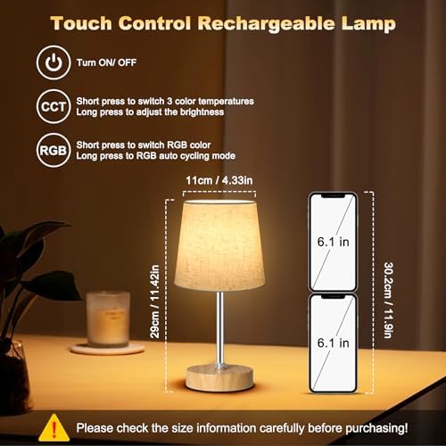 Wowag Small Cordless Table Lamp,5000mAh Rechargeable Battery Operated Desk Lamp,3 Colors & 7 RGB Stepless Dimmable, Portable Touch Bedside Night Light for Patio Restaurant Home,Wood Base,Flaxen Shade