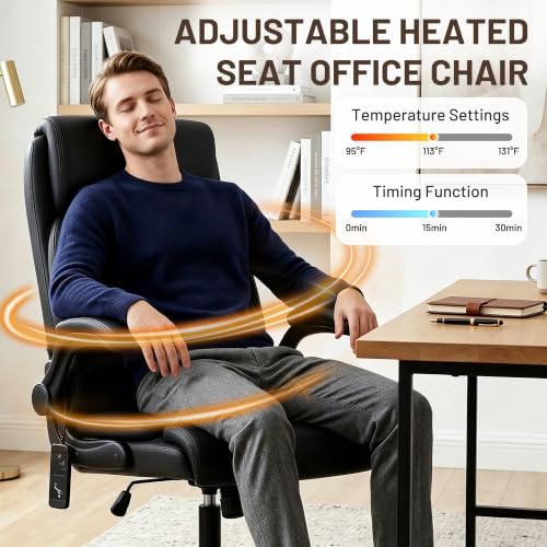 Heated Office Chair, Reclining Desk Chair with Constant Warm Heat, Big and Tall Executive PU Leather Chairs for Heavy People, Ergonomic Wider & Thicker Seat Cushion Gaming Chairs (Black)