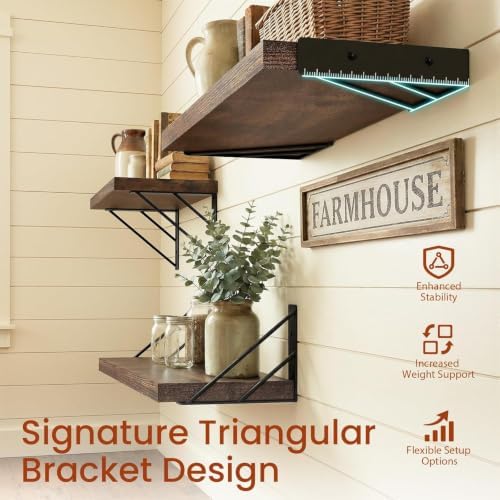 BAYKA Wall Mounted Floating Shelves (Rustic Brown, Set of 4, 16" Uniform)