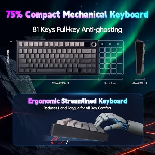LEOBOG x Aula F75 MAX Wireless Gaming Keyboard w/Smart Display & Knob,75% Hot Swappable Custom Mechanical Keyboard, RGB Backlit,Pre-lubed Linear Switches,Side Printed PBT Topographic Keycaps(Grey)