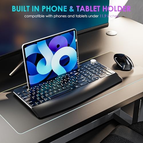 Full-Size Ergonomic Keyboard and Mouse, 2.4GHz Wireless Keyboard and vertical Mouse with Tablet Phone Holder, Wrist Rest for Computer Mac PC Laptop Chromebook, Black