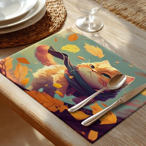 Shrahala Autumn Maple Leaves Set of 8 12 X 18 Inch Linen Placemats, Kittens Scarves Fallen Leaves Autumn Wind Burlap Table Mat Washable Double Layered Heat Insulation for Indoor