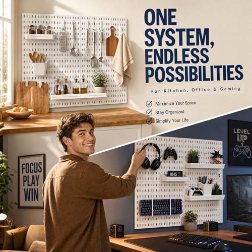 AKTOP Plastic Peg Board Wall Organizer 4-Pack, 12"x12" Pegboard Kit, White