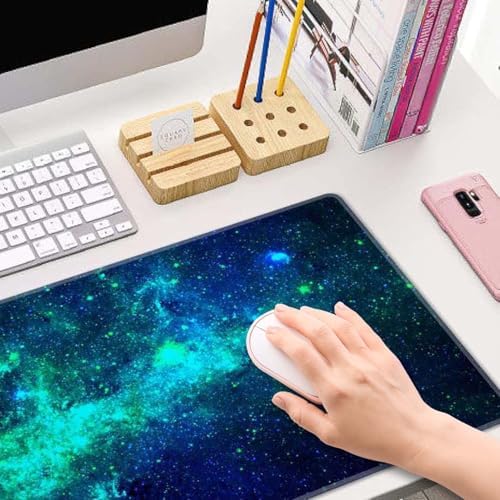 Desk Mat Blue Green Stars Nebulae Large Keyboard Mouse Pad for Laptop PC Setup Desk Cover Protector Desk DéCor for Office Home Work Gaming 31.5" X 11.8" Stitched Edge Non-Slip Design