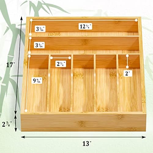 Flatware Organizer Silverware Drawer Organizer - 7 Slots Bamboo Cutlery Tray Multipurpose kitchen Drawer Organizer for Silverware, Utensils, Cutlery, Flatware, Knives W13”x L17” (Yellow)