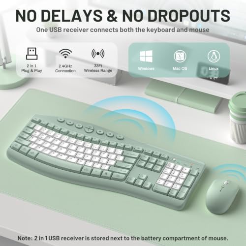 Wireless Keyboard and Mouse Combo Silent Ergonomic Curved Design for Office