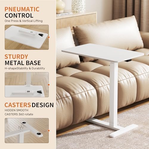 CROWNFURN Overbed Bedside Table with Wheels,Height Adjustable Bedside Table for Recliner,Rolling Standing Desk for Home Hospital,White
