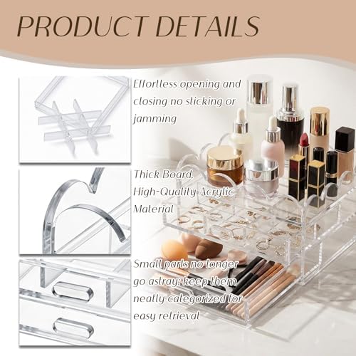 Scalloped Clear Acrylic 2-Drawer Organizer with Removable 9-Compartment Divider, 7" x 7" x 2.7" Vanity & Desk Storage for Makeup, Jewelry, Beads, Craft Supplies and Small Accessories