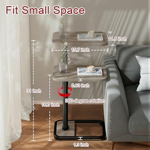 GOYLSER C Shaped End Table for Couch, Height Adjustable Living Room Rotating Couch Tray Tables Sofa Table Tv Trays for Bedroom, Swivel Wooden Side Table for Small Space, Grey