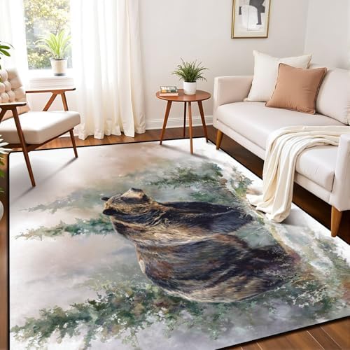 Peaceful Bear by Pine Trees Sunlit Moss Warm Tones Area Rug Outdoor Patio Rug Play Mat Modern Floor Carpet Non-Slip Home Decor Living Room Kids Bedroom Nursery, 6x9 ft