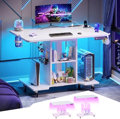 SEDETA Small Standing Gaming Desk, 31.5" Rolling Computer PC Desk Electric Height Adjustable with Power Outlet, Pegboard & Storage Shelves, RGB LED Light, for Small Spaces/Bedroom/Gaming, White