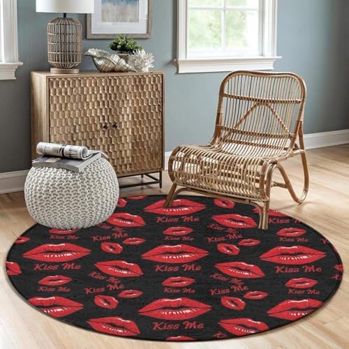 Highly Premium Quality Floor Mat, Office Chair Decor Mat, Room Sofa Yoga Soft Round Carpet Black Rose Pink Lip Print Kiss Me