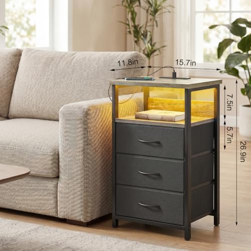 Fixwal Night Stand with 3 Fabric Drawers, Nightstand with Charging Station