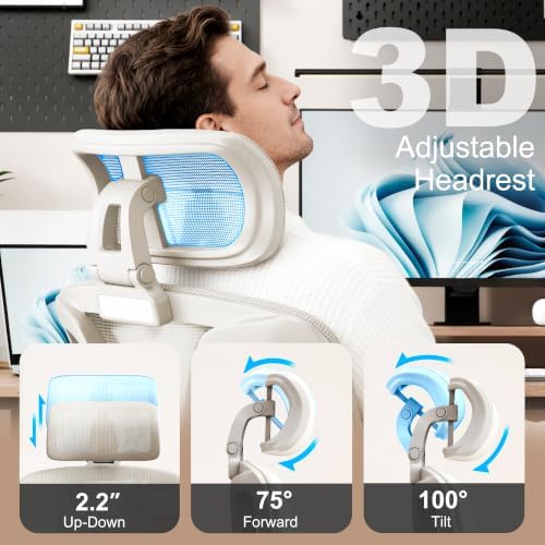 Vonesse Ergonomic Office Chair,Desk Chair with Adjustable 3D Headrest and Armrests, Gaming Chair with Dynamic Lumbar Support & Adjustable Depth Breathable Mesh Seat (White)