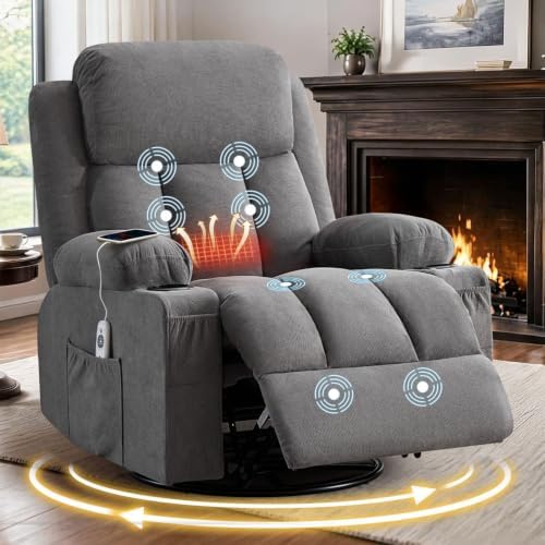 MAHOMICO Swivel Rocker Recliner Chair with Vibration Massage and Heat for Living Room,with Rocking Function and Side Pocket, USB Charge Port,2 Cup Holders