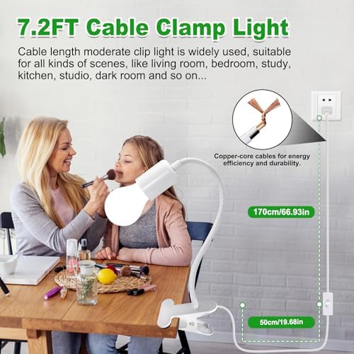 Clip on Desk Lamp, White Clip Lamp Holder with 220 CM Switch and Plug Cable, Clamp Light Socket with Metal Clamp, 9-350 MM Thickened Lengthened Gooseneck Light, E27 Lamp Holder, for Home Office