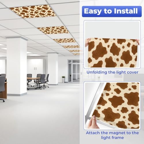 4 Pcs Fluorescent Light Covers for Ceiling Lights Fashionable cow leather brown Magnetic Light Filters Decorative for Classroom Office Hospital Home 4x2 Ft