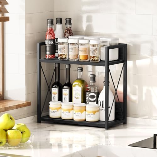 Giikin Kitchen Countertop Organizer, 2 Tier Coffee Bar Organizer, Black Spice Rack for Counter, Kitchen Counter Shelves, Particleboard,15.8" L x 7.9" W x 15.8" H (Black, L)