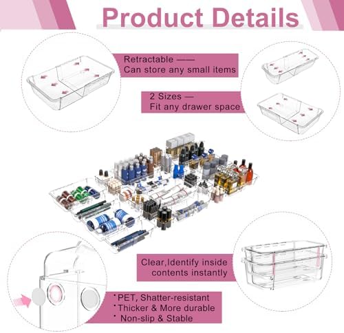 10 Pcs Extendable Clear Drawer Organizer, All Adjustable Vanity Storage Box, 2-Size Desk Drawer Organizer, Durable Storage Bins for Makeup, Cosmetic, Bedroom Dressers Tool Organizer for Gadgets