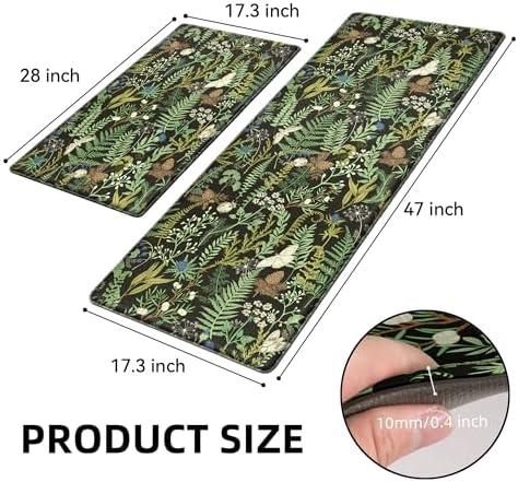 2PCS Botanical Kitchen Rugs Set, Black Green 17.3"x28" + 17.3"x47"