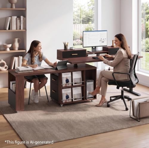 ModernMate L Shaped Standing Desk with 360° Rotating Cabinet, Black Walnut