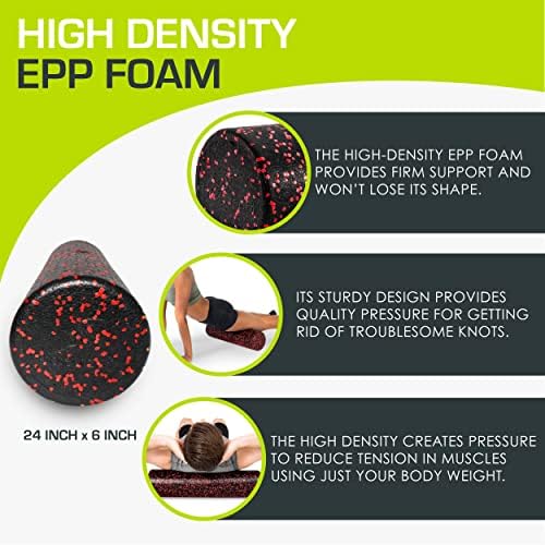 ProsourceFit High Density Foam Rollers 24 - inches long, Firm Full Body Athletic Massage Tool for Back Stretching, Yoga, Pilates, Post Workout Muscle Recuperation, Black/Red