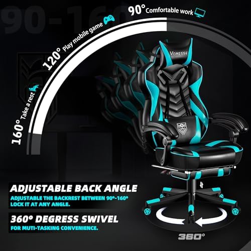 Vonesse Gaming Chair, Big and Tall Gaming Chair with Footrest and Massage, Gaming Chairs for Adults with Lumbar Support, Ergonomic High Back Computer Chair with Pocket Spring Cushion (Cyan/Black)