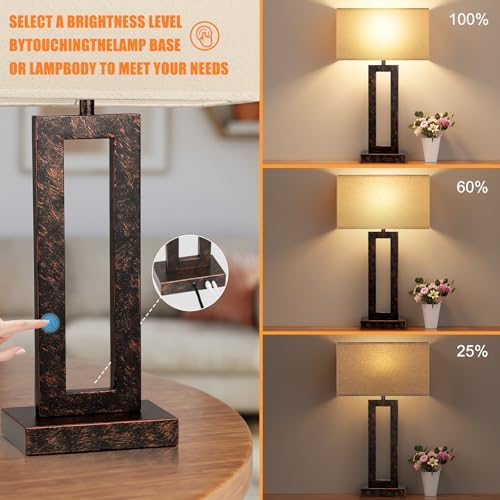Seealle 22" Tall Living Room Lamps for Night Stands - Touch Bedside Lamp with USB C+A, 3 Way Dimmable Bedroom Lamps for End Tables Set of 2, Modern Night Stand Lamp for Bed Side(Beige&Brown)