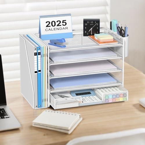 OPNICE Desk Organizer, 5-Tier Desktop File Organizer with Drawer and Pen Holders, Office Desk Accessories, File Sorters, Workspace Organizers for Office Supplies(White)