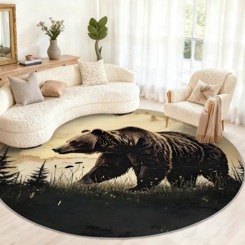 Bear Round Rug - 6ft Washable Western Bear Round Area Rug for Living Room, Wildlife Circle Rugs Soft Non-Slip Carpet for Bedroom Dining Table Decor Mat