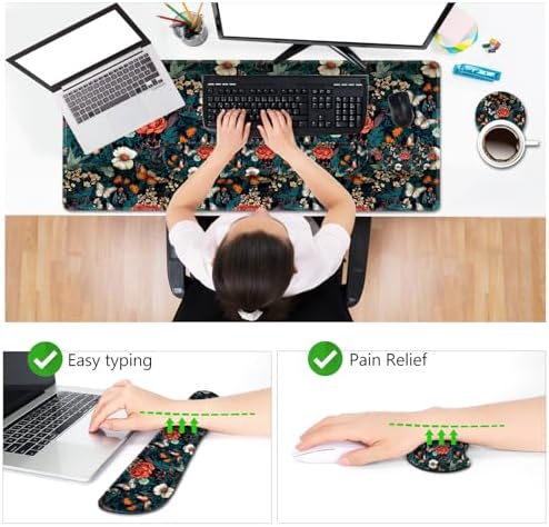 AIMSA XXL Large Gaming Mouse Pad Set with Wrist Rest, Retro Floral Butterfly Pattern, Multicolor, Fabric, Memory Foam, 4 in 1 Combo, Ultra-smooth, Non-slip, Stitched Edges