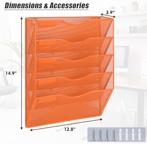 EASEPRES 5 Pocket Mesh Hanging Wall File Organizer, Wall Mounted Mail Paper Document Folder Holder, Clipboard Storage Organization Magazine Rack with Nametag Label for Office Home School, Orange