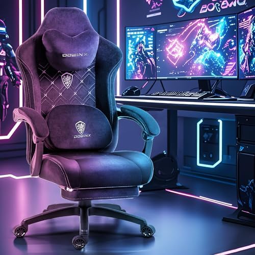 Dowinx Gaming Chair with Heated Massage Lumbar Support,Big and Tall Fabric Gaming Chairs for Adults with Footrest, Ergonomic Computer Game Chair with Poket Spring Cushions, 350lbs, Black and White