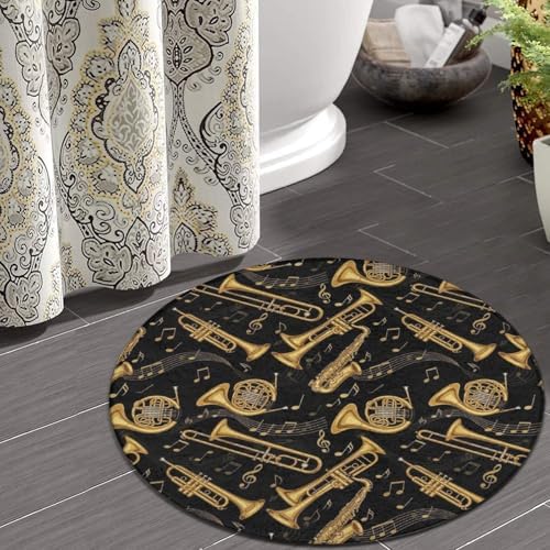 Machine Washable Modern Round Area Rug, Room Sofa Yoga Soft Round Carpet, Home Decor Non Slip Kitchen Office Circle Rug Gold Trumpet Trombone French Horn Black