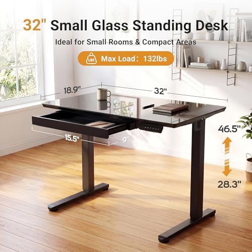 YDN Glass Standing Desk with Drawers 32x19 Inch Black