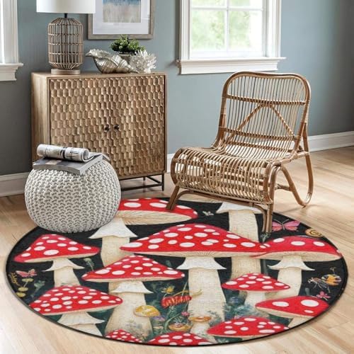Soft Round Yoga Carpet, Large Home Decor Mat, Non Slip Machine Washable Kitchen Office Circle Rug Wild Mushrooms